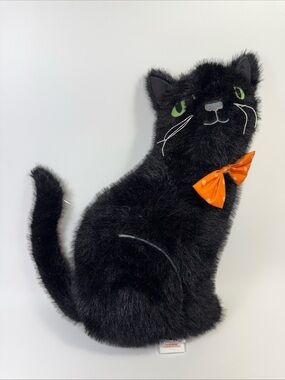 Cynthia Rowely plush black cat pillow with Orange Bow - Decorative Pet Pillow